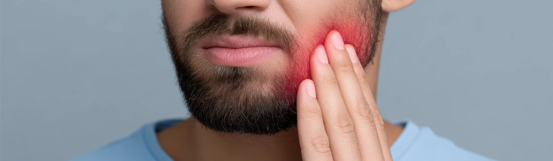 A patient holding onto their jaw with pain