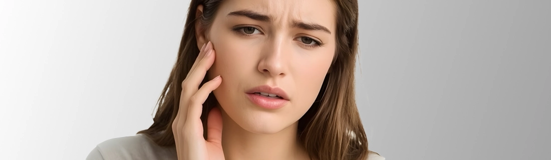 A woman holding her jaw in pain with TMJ symptoms